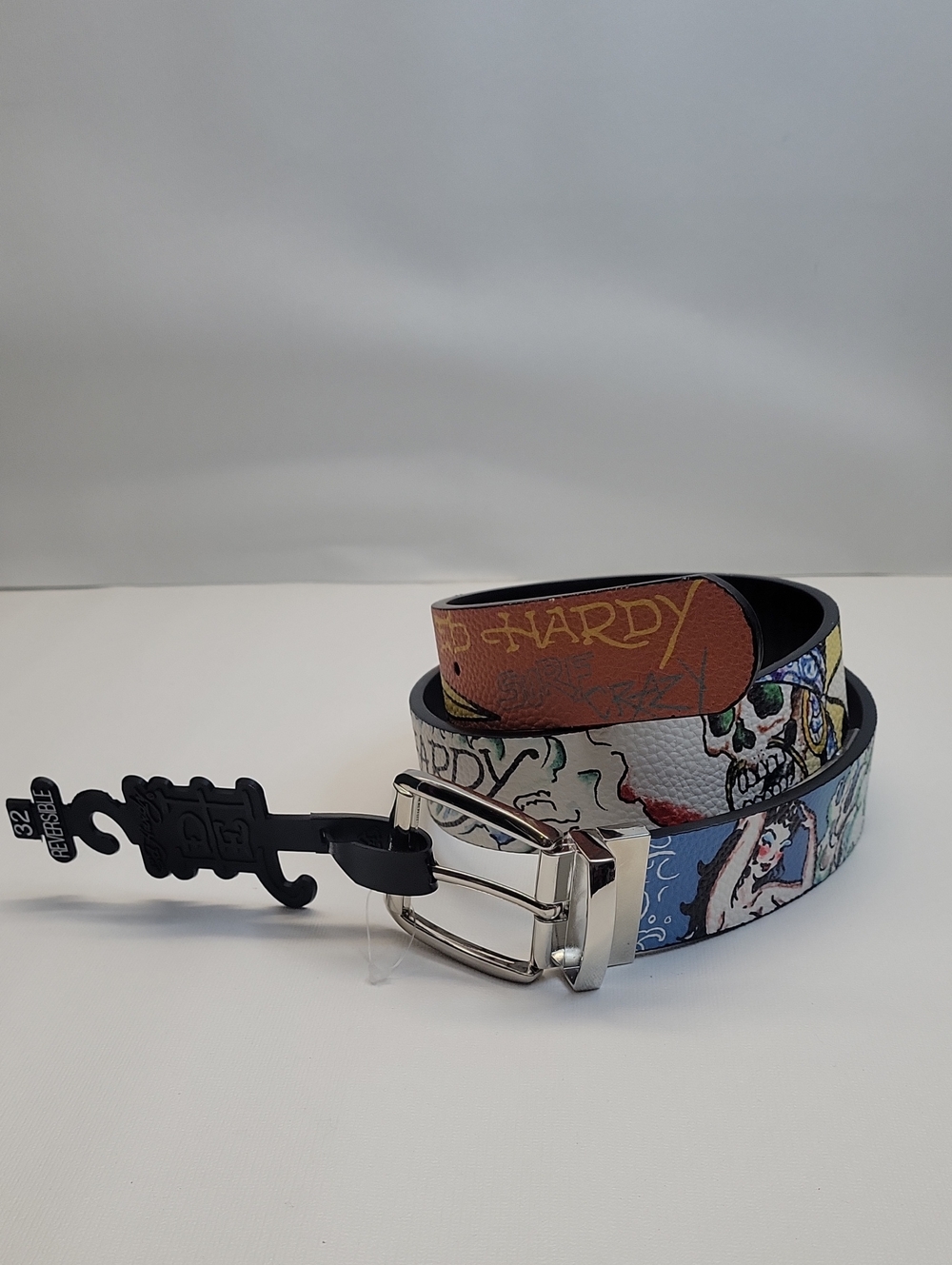 Ed Hardy Mens Size 32 Reversible Belt Blue Black Tattoo Graphic Mermaid Shark